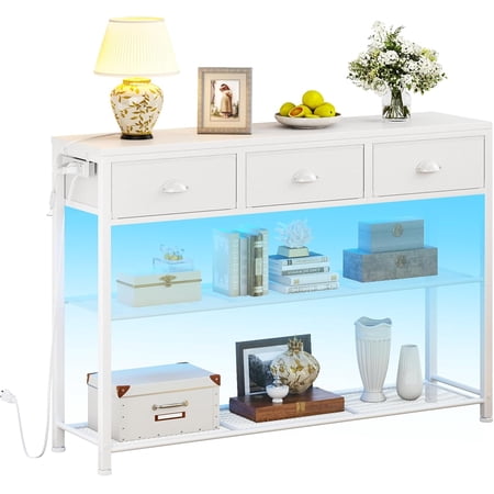 Console Table with Charging Station & 3 Fabric Drawers, 38'' Entryway Table with Storage Shelves and LED Light for Entry Way, Industrial Display Shelf for Hallway, Foyer, Rustic Brown