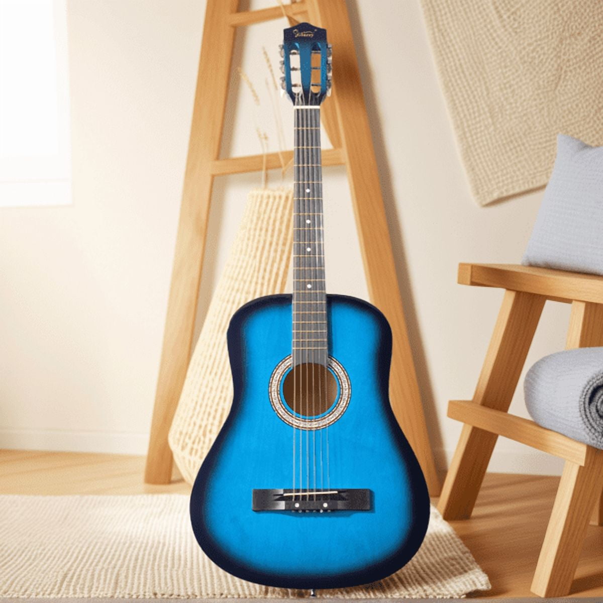 38in Round Acoustic Guitar with Picks, Strings, Capo, Case, Tuner, and Strap (Blue)