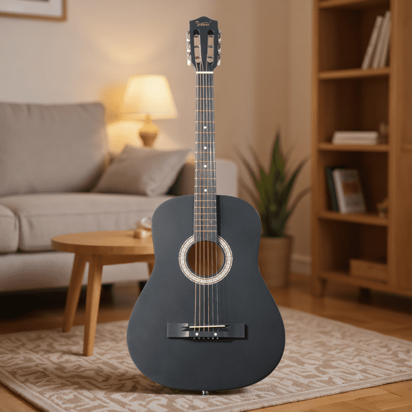 38in Round Acoustic Guitar with Picks, Strings, Capo, Case, Tuner, and Strap (Matte Black)