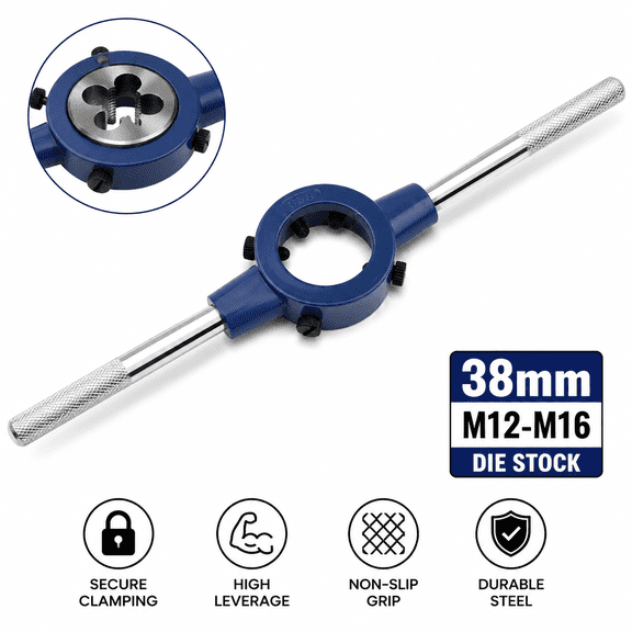38mm Die Stock Wrench Holder for M12-M16 Round Threading Dies, Heavy Duty Adjustable Steel Bar Die Handle for External Thread Repair