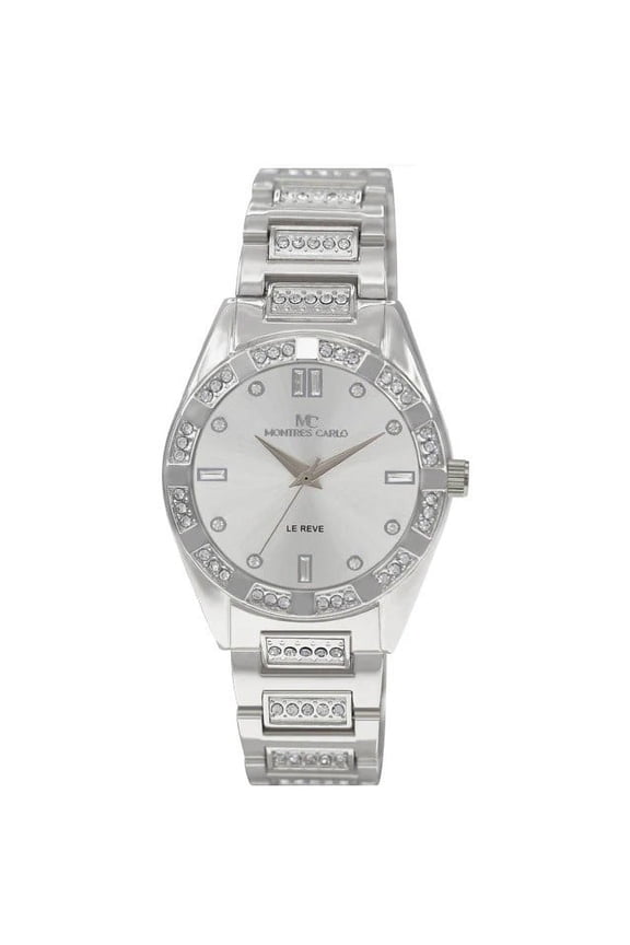 38mm Montres Carlo Women Luxury Fashion Stones Quartz Bracelet Wrist Dress Watch (Silver)