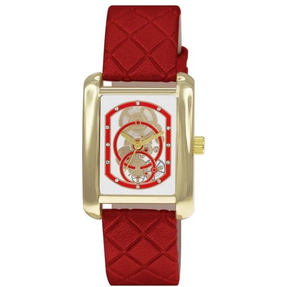 38mm Montres Carlo Women Luxury Fashion Vegan Leather Quartz Dress Wrist Watch (Gold/Red)