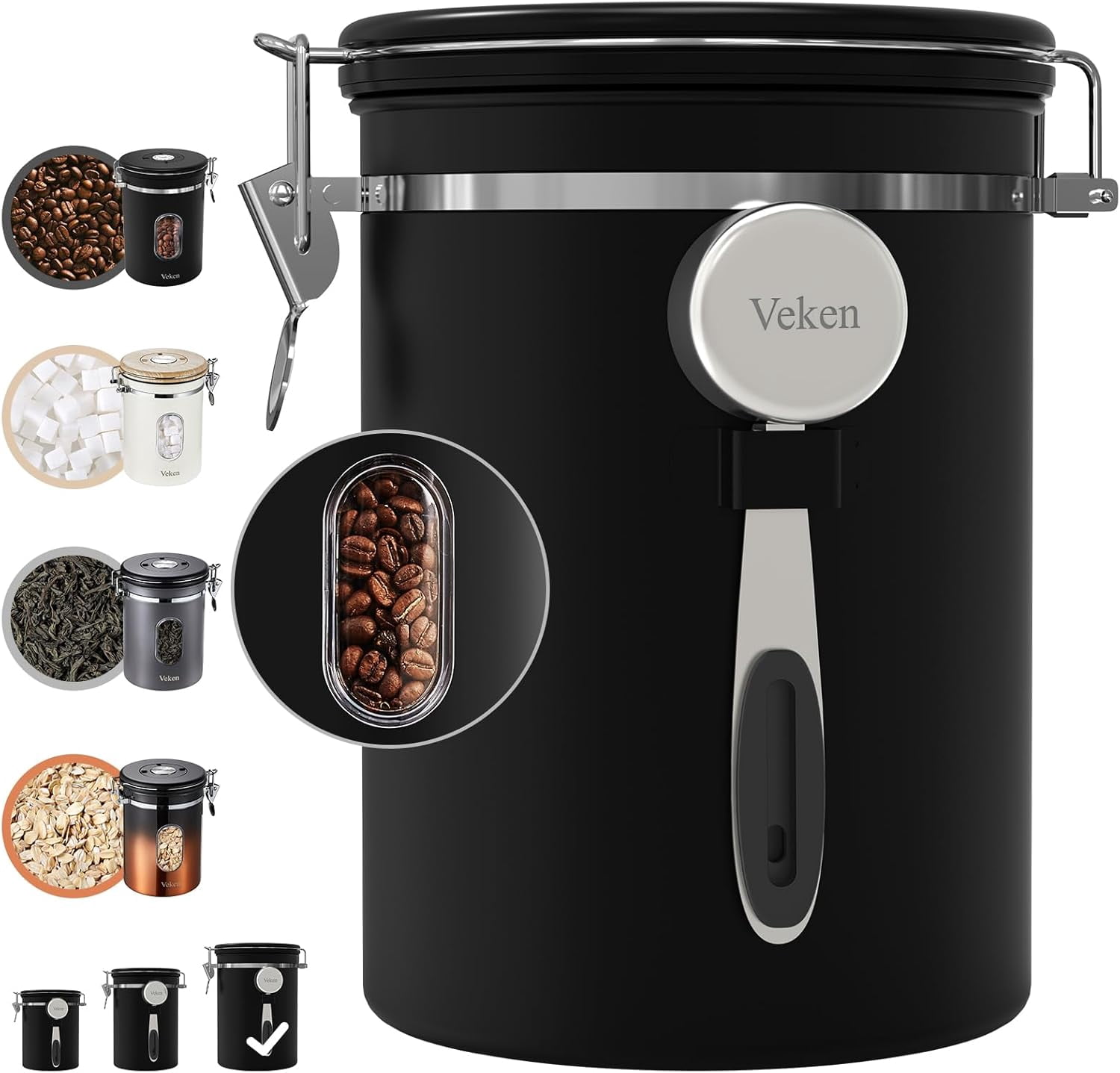 38oz Large Coffee Canister with Window, Airtight Stainless Steel, Kitchen Food Storage Container with Lids, Date Tracker and Scoop, Grounds, Beans, Rice, Tea, Flour, Cereal, Sugar Jars, Black