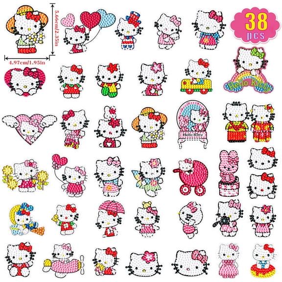 38pcs Diamond Painting DIY Cartoon Sticker Set Anime Film Character Rhinestone Art Kit Mosaic Creative Gift Suitable for Beginners and Adults DIY Handicraft Party Decorations(Pink Bow Cat)