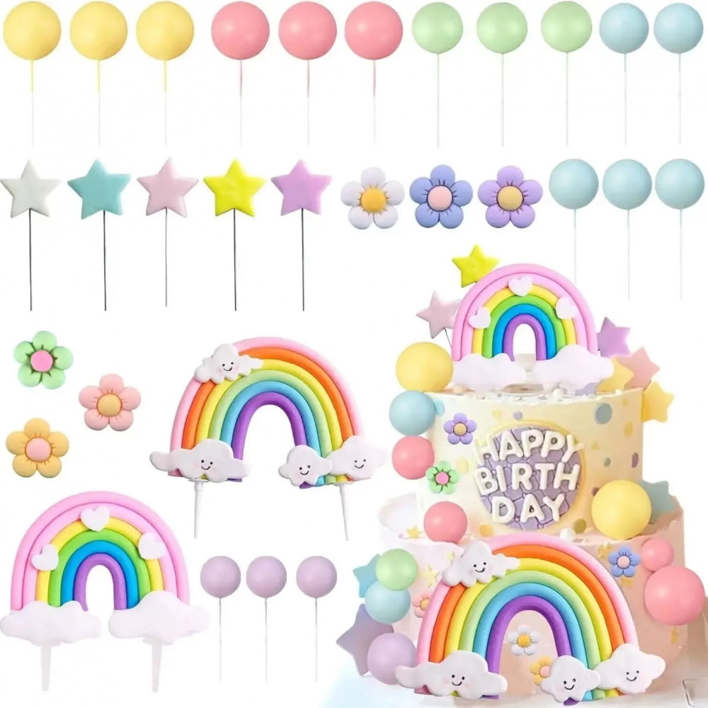 Rainbow Cake Topper Set - Pastel Balls, Flowers, Stars, Boho Theme Party Decorations - View #4