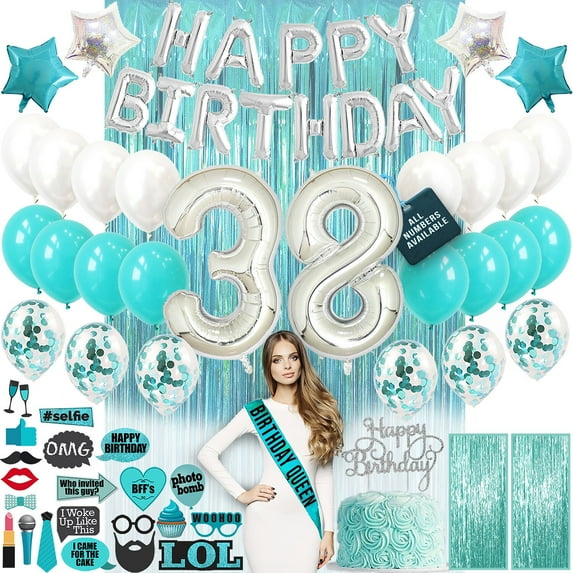 38th Birthday Decorations for Women, 38th Party Supplies for Her, 38 Birthday Banner, Teal Green Confetti Balloons for Her, 38th Photo Props
