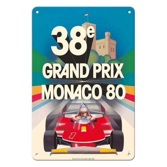 38th Monaco Grand Prix (Circuit de Monaco) - Formula One Race Cars - Racer Jody Scheckter - Vintage Car Racing Poster by Jacques Grognet c.1980 - 8 x 12 inch Vintage Metal Tin Sign