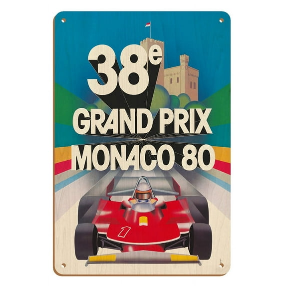 38th Monaco Grand Prix (Circuit de Monaco) - Formula One Race Cars - Racer Jody Scheckter - Vintage Car Racing Poster by Jacques Grognet c.1980 - 8 x 12 inch Vintage Wood Art Sign