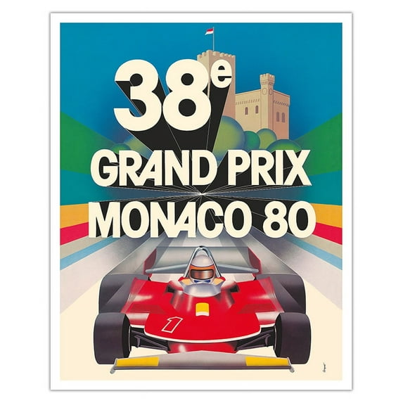 38th Monaco Grand Prix (Circuit de Monaco) - Formula One Race Cars - Racer Jody Scheckter - Vintage Car Racing Poster by Jacques Grognet c.1980 - Fine Art Matte Paper Print (Unframed) 16x20in