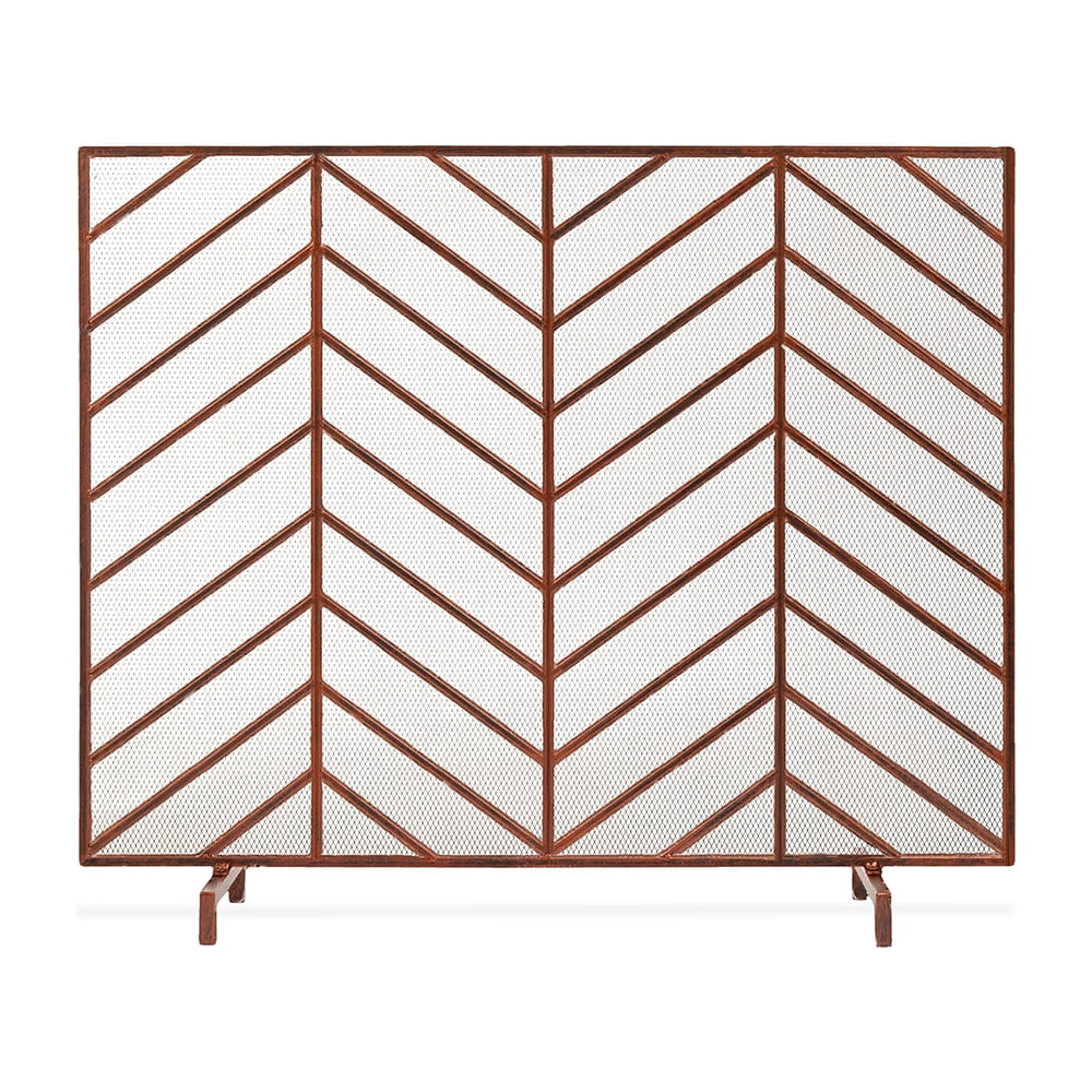 Antique Gold Chevron Iron Mesh Single Panel Fireplace Screen