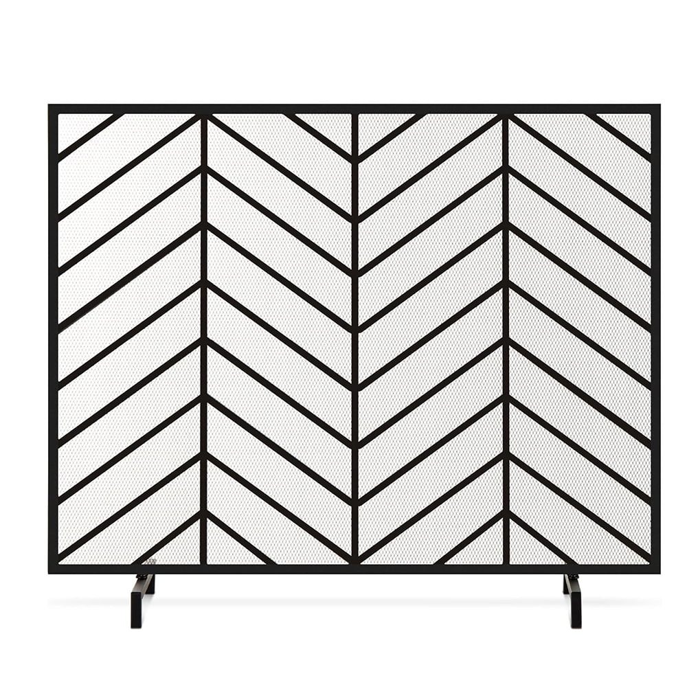 Satin Black Iron Mesh Chevron Fireplace Screen