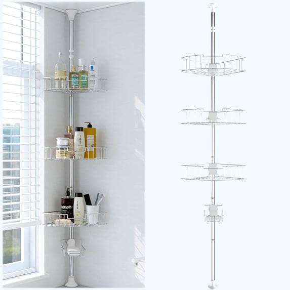 LCOKEIY Corner Shower Shelves, Adjustable 4 Tiers Shower Caddy Tension Pole, Extend from 39 to 125 Inch Shower Shelves for Inside Shower Silver
