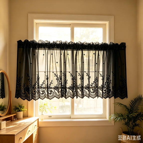 39" × 18" Embroidered Lace Sheer Kitchen Curtain Valance, Rod Pocket Floral Window Treatment for Small Windows
