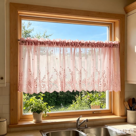 39" × 18" Embroidered Lace Sheer Kitchen Curtain Valance, Rod Pocket Floral Window Treatment for Small Windows
