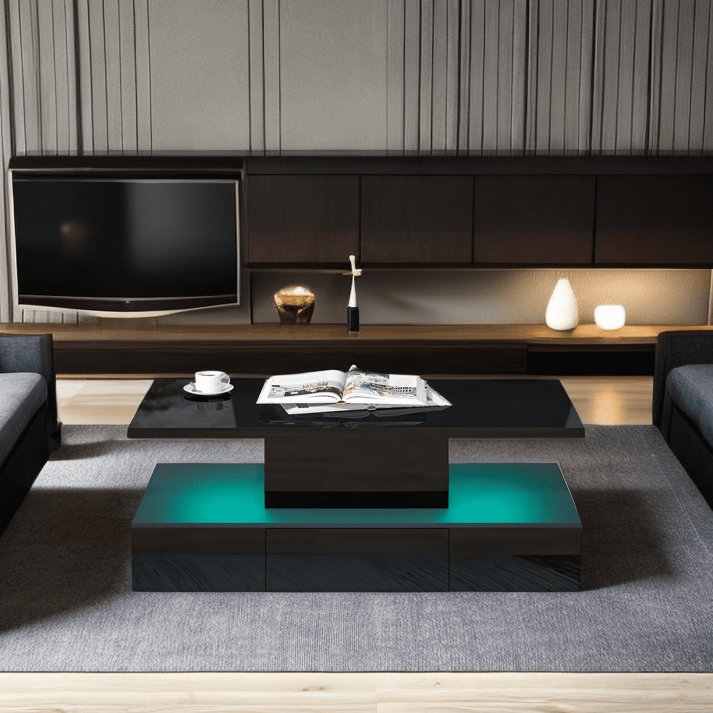 39.3'' 2-Tier LED Light Coffee Table with Drawer, Modern Glossy ...