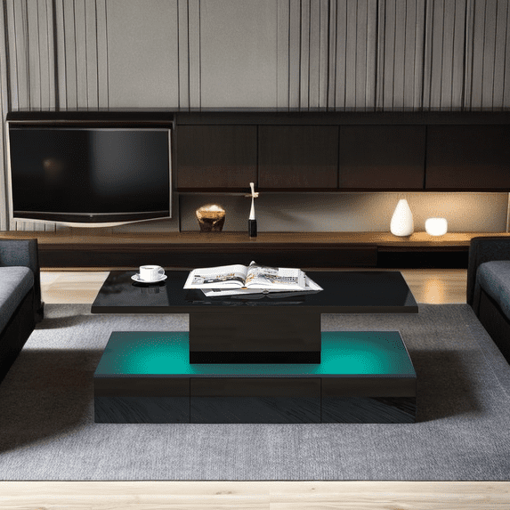 39.3'' 2-Tier LED Light Coffee Table with Drawer, Modern Glossy Cocktail Table Center Table with Plug-in 16-Color LED Lighting and a Remote Control for Livingroom