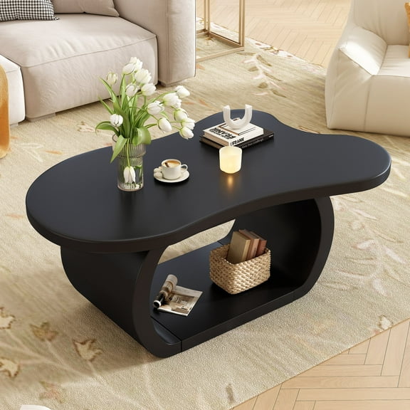 39.3"*23.6" Modern Cloud Coffee Table with 1, 5" Thick Tabletop, Cream Style Irregular End Table with Curved Legs, Unique Design Accent Table with Round Edge for Living Room, Apartment (Black)