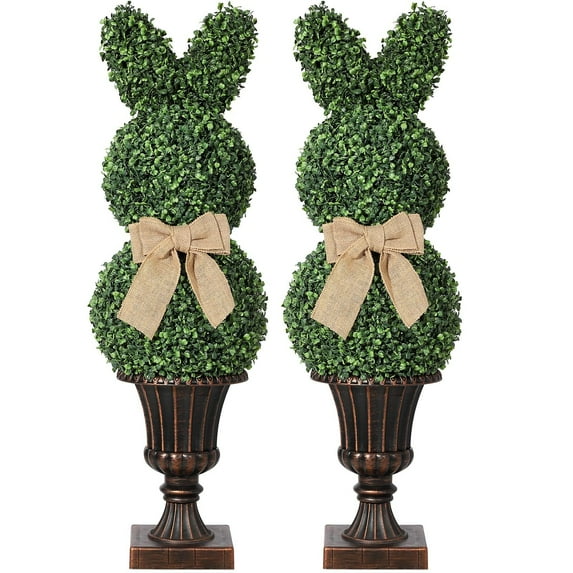 39"/3.25' Artificial Bunny Shaped Topiary Tree With Classic Planter Pot Rabbit UV-Resistant Bowknot Faux Boxwood Topiaries Plant Simulated Insect Decor for Porch Decor Outdoor/Indoor Set of 2