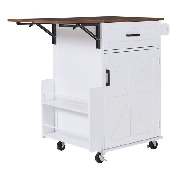 39.3" Farmhouse Kitchen Island with Drop Leaf, Kitchen Storage Island with Open Side Rack, One Drawer, Towel Rack, Rolling Kitchen Cart with Lockable Wheels for Lawn Garden, White