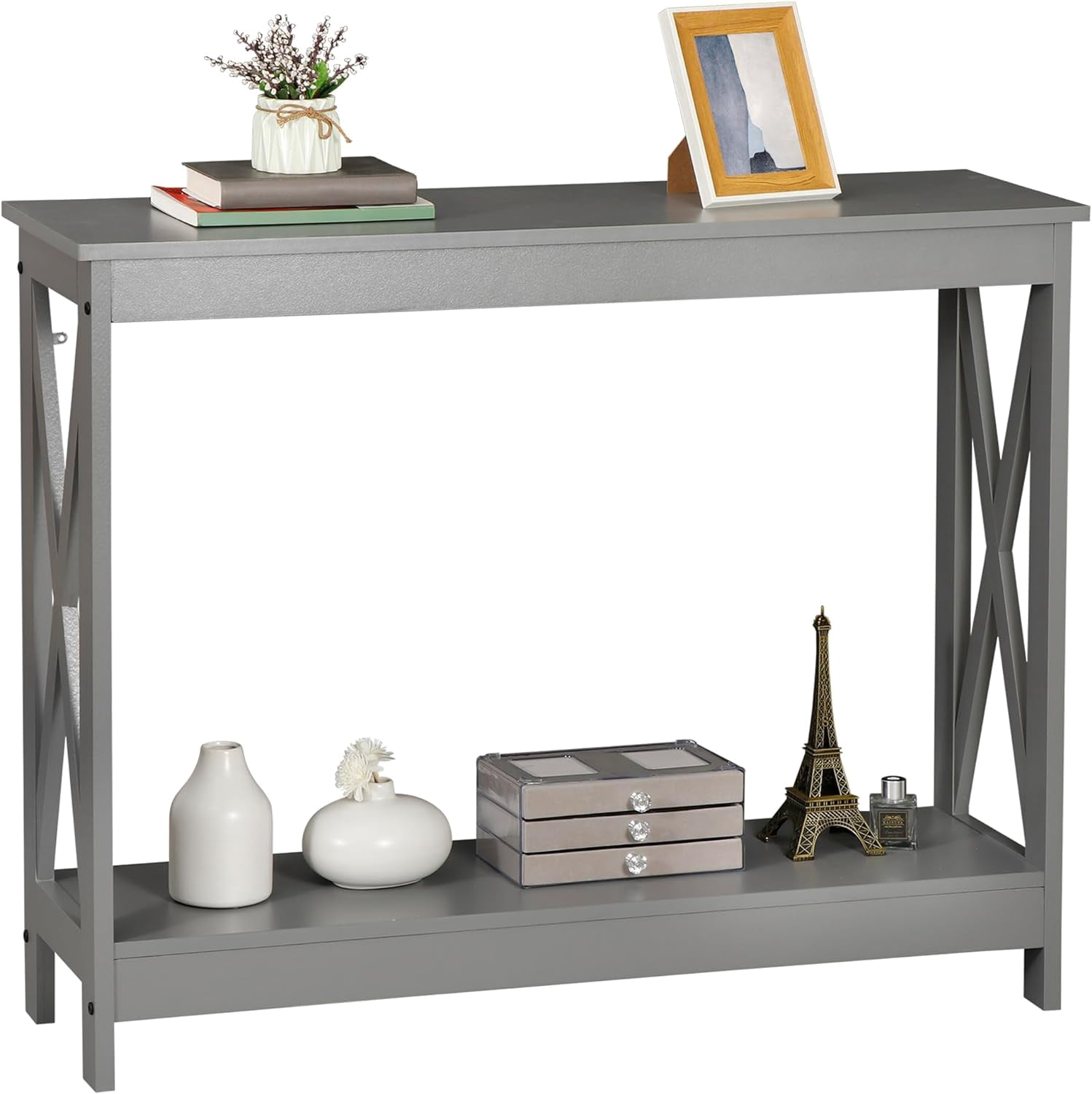 39.3" Grey Farmhouse Console Table with Open Storage Shelf, Narrow Sofa Table for Hallway