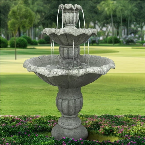 39.3” H Outdoor Floor Water Fountain, 3-Tiers Concrete Water Fountain with Submersible Electric Pump - Garden Cascading Waterfall for Yard Patio Lawn Home Decor