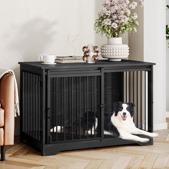 39.3" Heavy Duty Wood Dog Crate with Barn Door, 2-Door Indoor Kennel for Small to Large Dogs, Black