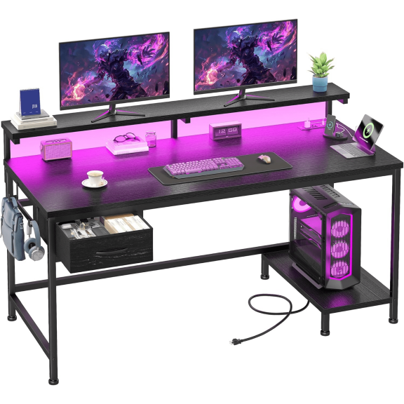 39.3-Inch Gaming Desk with Power Outlets and LED Lights Computer Desk Featuring an Adjustable Monitor Stand, Drawer, and PC Tower Stand; Suitable for Home Offices, Studies, and Gaming Setups