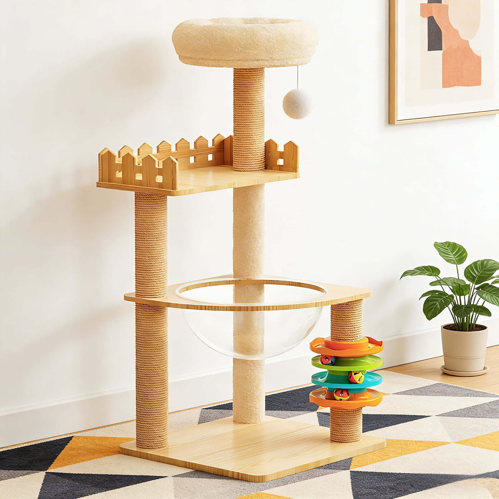 39.3 Inch Modern Wood Cat Tower, Indoor Cat Tree with Sisal Scratching Posts, Top Perch, Acrylic Hammock & Toys, Stable Cat Condo for Small and Large Cats