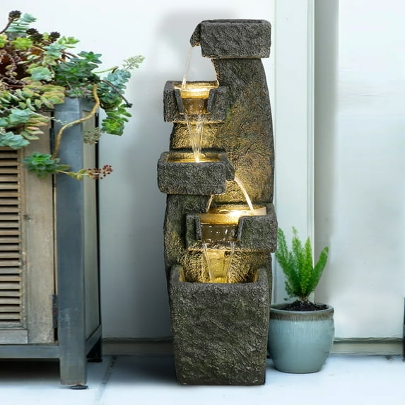 39.3-Inch Outdoor Water Fountain with LED Lights - 5 Tiers Modern Cascading Waterfall Fountain for Garden, Patio, Backyard, Deck, Porch and Home Art Decor