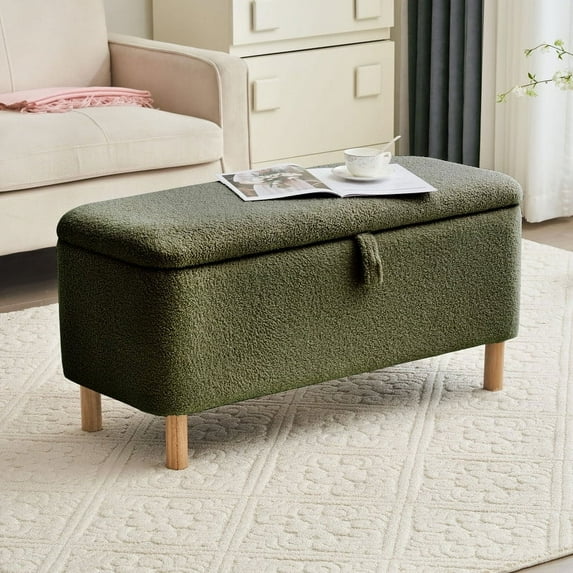 39.3" Length Storage Ottoman Bench for Living Room,Green Bedroom Bench with Entryway Storage Rectangular Boucle Foot Rest Stool Padded Seat