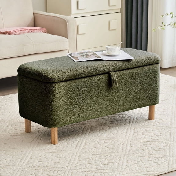 39.3" Length Storage Ottoman Bench for Living Room,Green Bedroom Bench with Entryway Storage Rectangular Boucle Foot Rest Stool Padded Seat