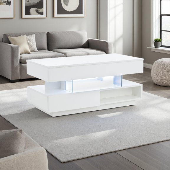 39.3" Lift Top Coffee Table with LED Lights, 2 Drawers & Hidden Storage, Multifunctional Modern Table for Living Room & Small Spaces