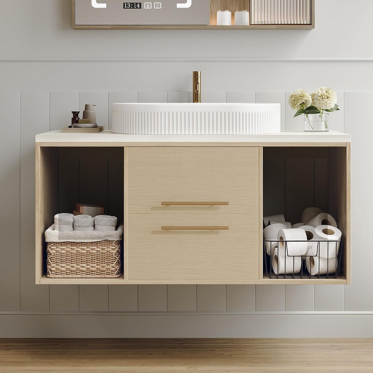 39.3 " Modern Floating Bathroom Vanity with Sink, Wall Mounted Bathroom Cabinet with Oval Fluted Ceramic Sink, Pure White Counter Top, 2 Soft Closing Drawers & Open Storage Shelf,White+Wood