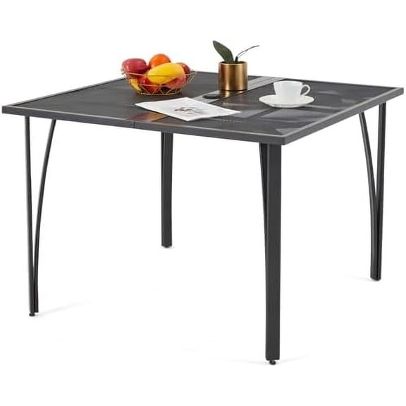 39.3" Patio Table with Umbrella Hole, Square Metal Table with Steel Frame, Outdoor Dining Table for Backyard Lawn Porch Deck Garden Poolside, Dark Grey$$Garden & Patio