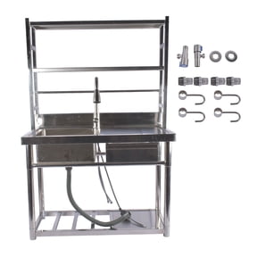 39.3'' Stainless Steel Utility Sink with Shelves & Left Drawer & Cold and Hot Water Pipes & Pull-Out Faucet & Adjustable Legs, Laundry Sink with Cabinet for Kitchen Garage Laundry Room (Right Bowl)