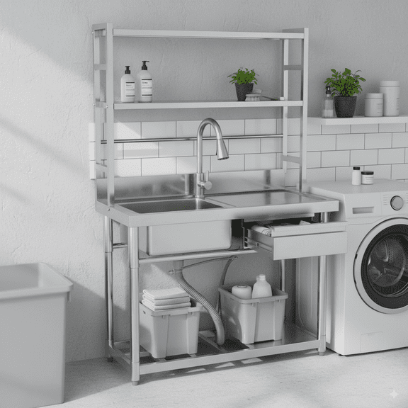 39.3'' Stainless Steel Utility Sink with Shelves & Right Drawer & Cold and Hot Water Pipes & Pull-Out Faucet & Adjustable Legs, Laundry Sink with Cabinet for Kitchen Garage Laundry Room (Left Bowl)