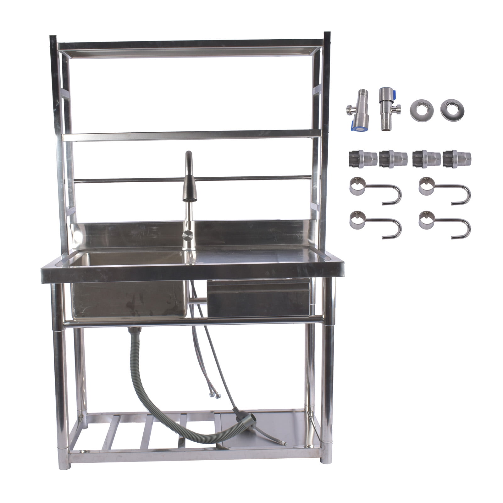 39.3'' Stainless Steel Utility Sink with Shelves & Right Drawer & Cold and Hot Water Pipes & Pull-Out Faucet & Adjustable Legs, Laundry Sink with Cabinet for Kitchen Garage Laundry Room (Left Bowl)