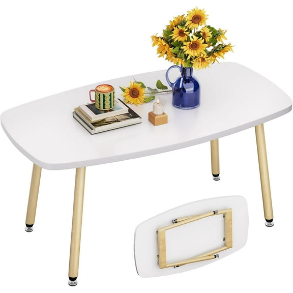 39.3" White Foldable Coffee Table No Assembly Portable Modern Rectangular Center Table for Small Spaces