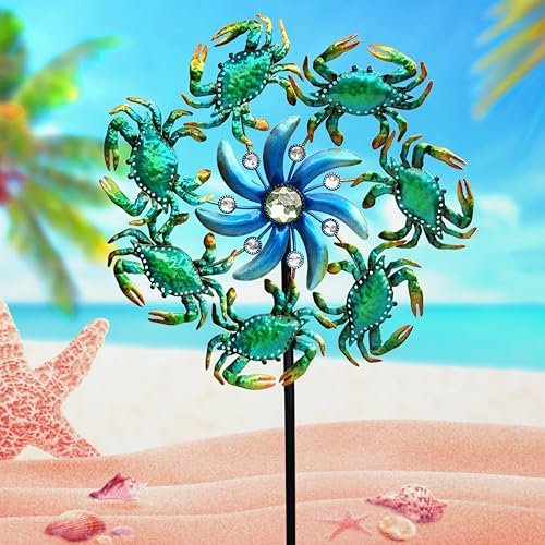 39" Crab Wind Spinners Metal Windmill Garden Stake,Ocean Theme Outdoor Wind Spinner,Wind Sculptures Yard Art Decorations for Patio,Lawn & Garden Decor