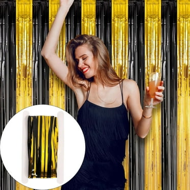 39.37*39.37 inch Black Gold Foil Fringe Curtain Backdrop, Metallic Tinsel Foil Fringe Streamers Curtains Background for Photo Booth Birthday Wedding Graduation Carnival Party Decorations