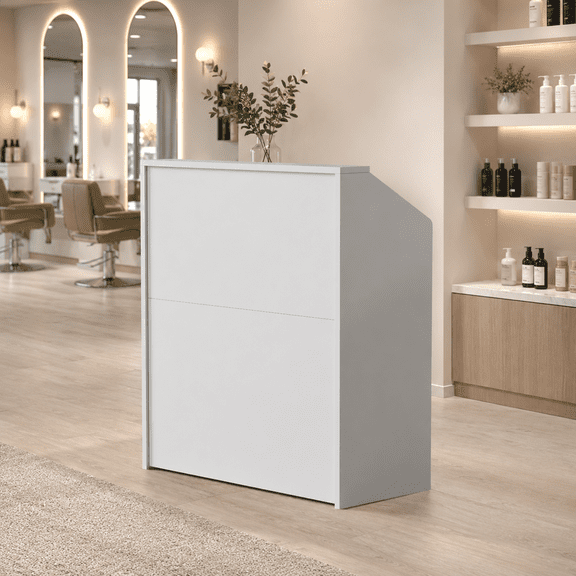 39.37" Compact Reception Desk with Lockable Drawers, Wooden Checkout Counter with Open Shelves for Salon, Retail Store & Office