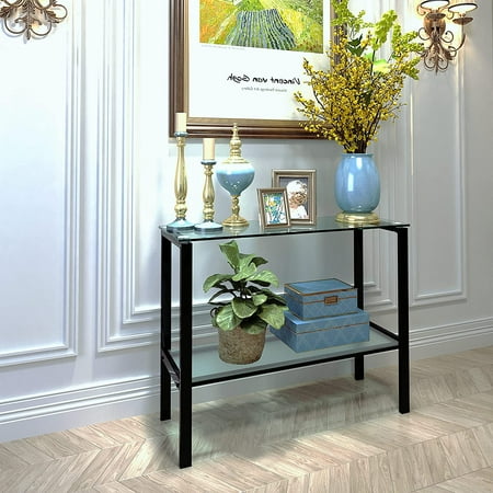 39.37" Console Table with 2 Shelves,Tempered Glass Sofa Table, Modern Entryway Table with Metal Frame for Hallway Living Room Bedroom, Easy Assembly, Black