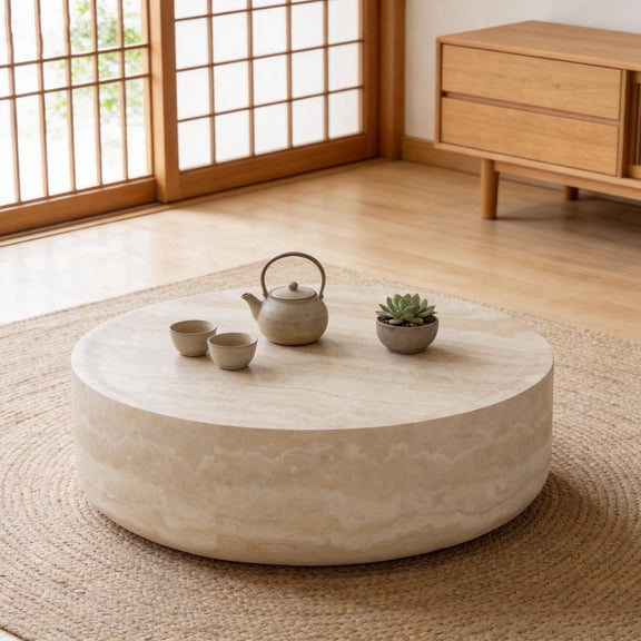 Kevinplus 39.37'' Round Coffee Tables, Tea Faux Travertine Textured Table for Living Room, No Need Assembly