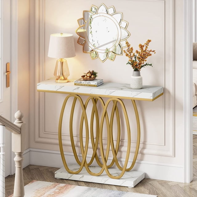 39.37 Inch Gold Entryway Table, Modern Console, Faux Marble Accent for ...