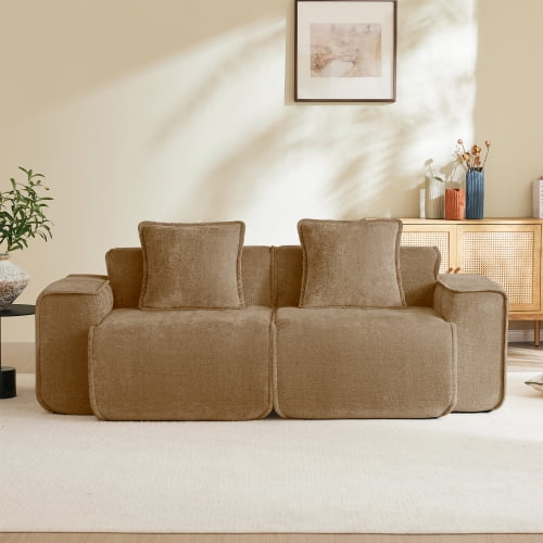 39.37 Inch Modular Velvet Sofa with French Piping, Boneless 2-Seat Couch with Wide Armrests for Living Room, Apartment, Brown