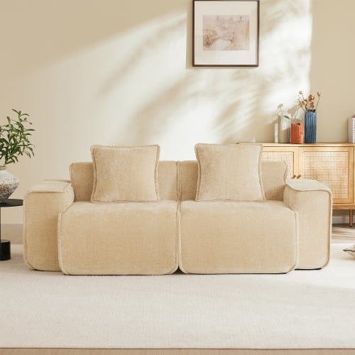 39.37 Inch Modular Velvet Sofa with French Piping, Boneless 2-Seat Couch with Wide Armrests for Living Room, Apartment, Light Camel