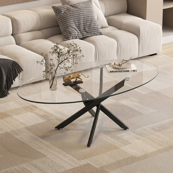 39.37 Inch Oval Glass Coffee Table, Modern Minimalist Tea Table with Gold Cross Metal Legs, Adjustable Anti-Slip Pads for Living Room, Cafe