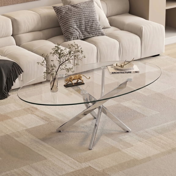 39.37 Inch Oval Glass Coffee Table, Modern Minimalist Tea Table with Gold Cross Metal Legs, Adjustable Anti-Slip Pads for Living Room, Cafe