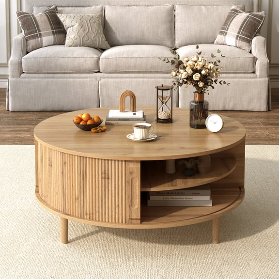 39.37 Inch Round Acacia Wood Wave Grain Lift Top Coffee Table MDF Particle Board Pine Leg Minimalist Lift Coffee Table Dual Hidden Storage with Sliding Door