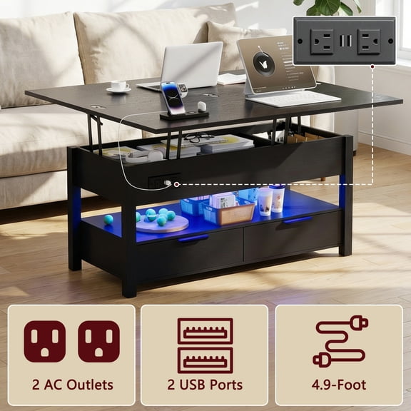39.37" Lift Top Coffee Table with LED Lights & Charging Station 2 AC Outlets/2 USB Ports, Multi-Functional Convertible Table with Hidden Storage, 2 Drawers&Open Shelf for Living Room Apartment,Black